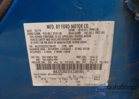 2020 Ford Ecosport Se from USA, damaged, VIN MAJ3S2GE2LC330185